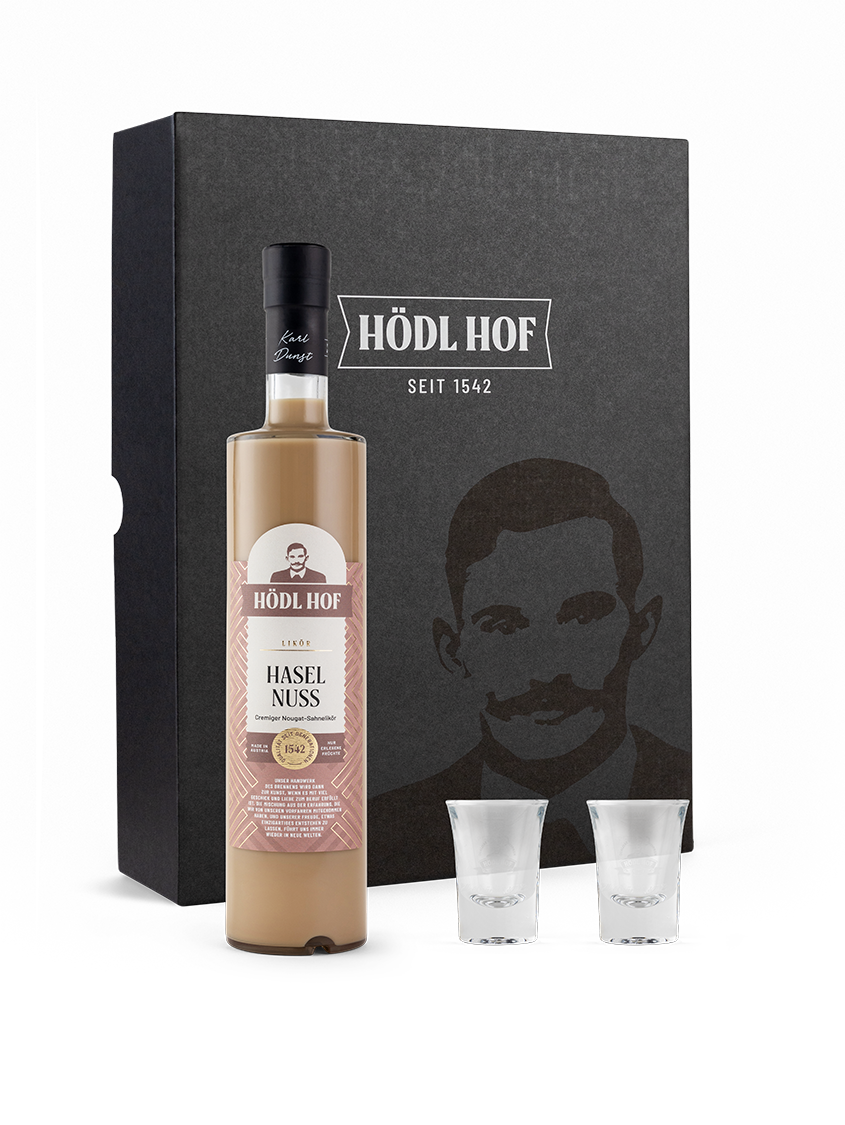 Hödl Hof Geschenkset Haselnuss Creme Likör | 0.5l inkl. 2 Stamperl