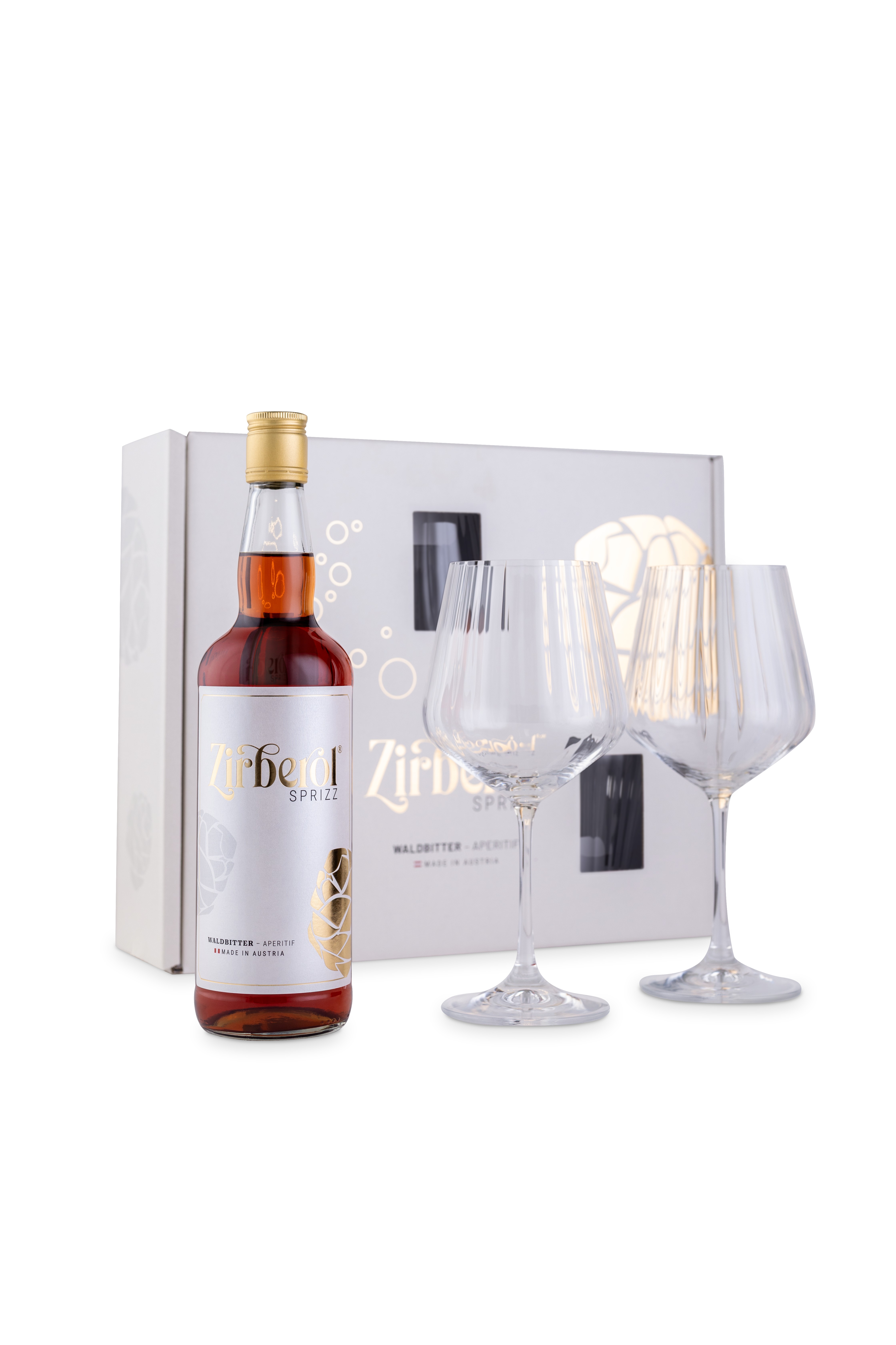 Zirberol Sprizz Geschenkset | Zirben Aperitif Geschenk | 0,7l + 2 Aperitifgläser & 2 Strohhalme