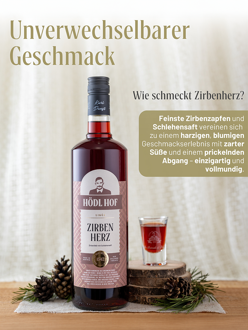 Hödl Hof Zirbenlikör | Zirbenherz | 20% Vol. | 1,0l | Zirbe & Alpine Kräuter